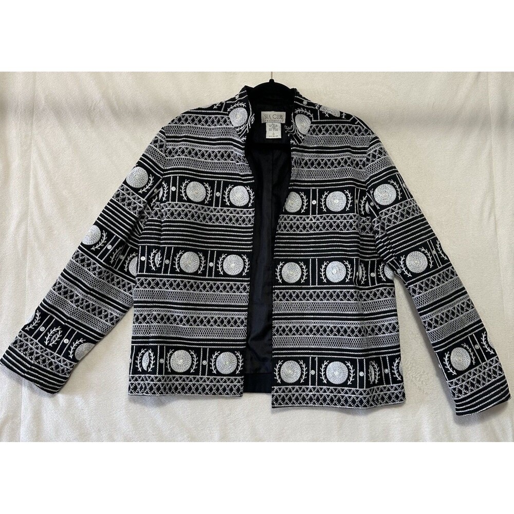 Silk Club Blazer Women Lg Black White Embroidery Button Accent Roll Cuff Elegant